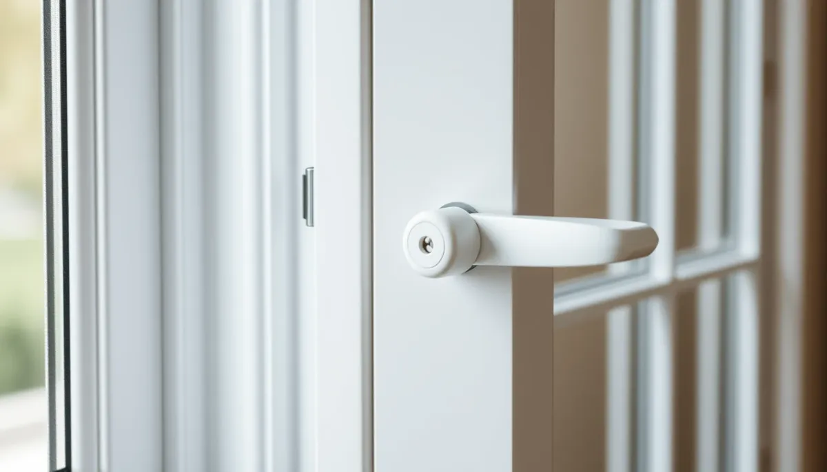 Gros plan sur la poignée et le système de fermeture d'une porte-fenêtre PVC