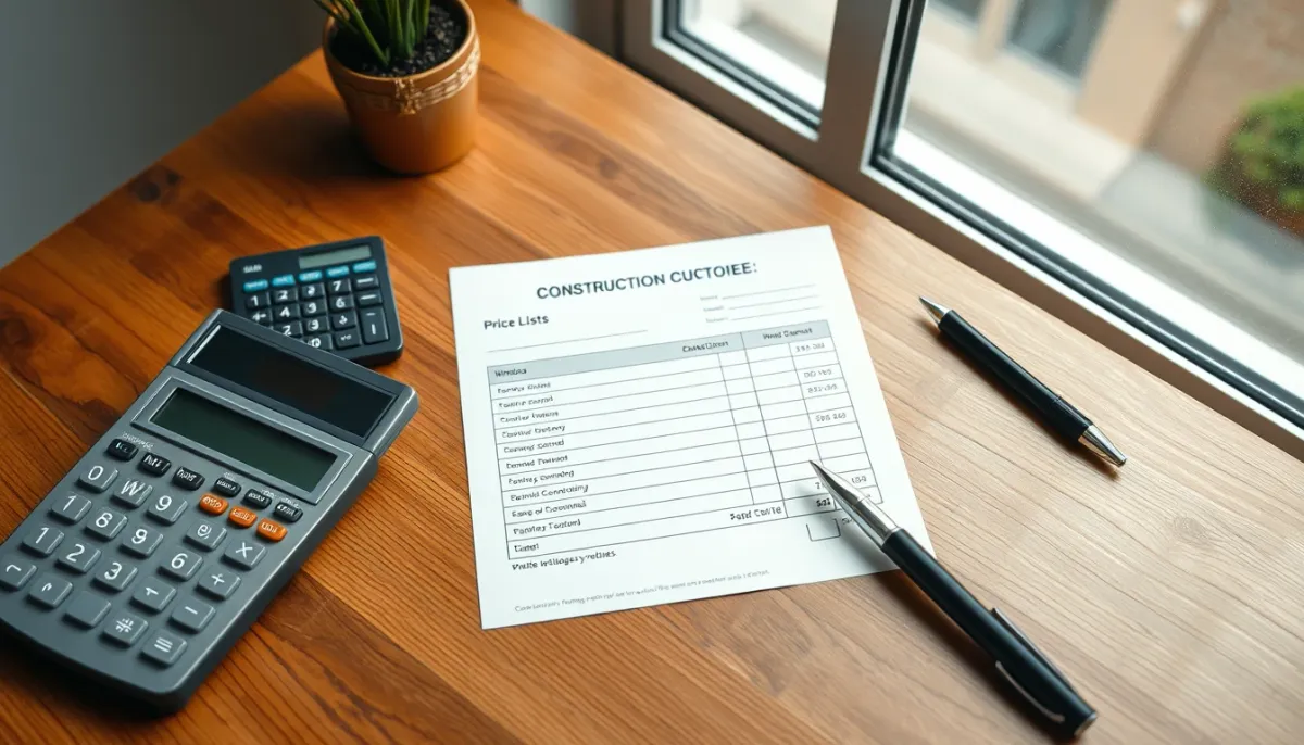 Devis et calculatrice sur une table pour l'achat d'une porte-fenêtre PVC