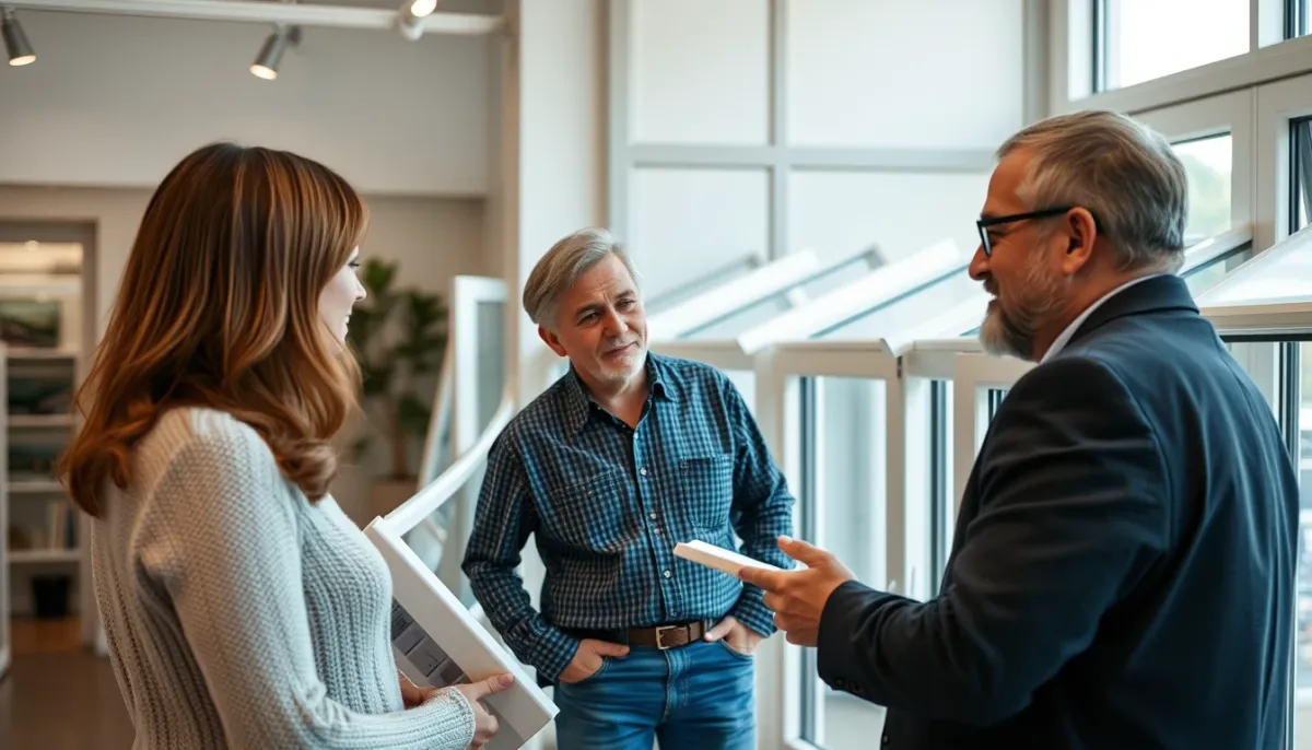 Couple en discussion avec un conseiller dans un showroom de menuiseries