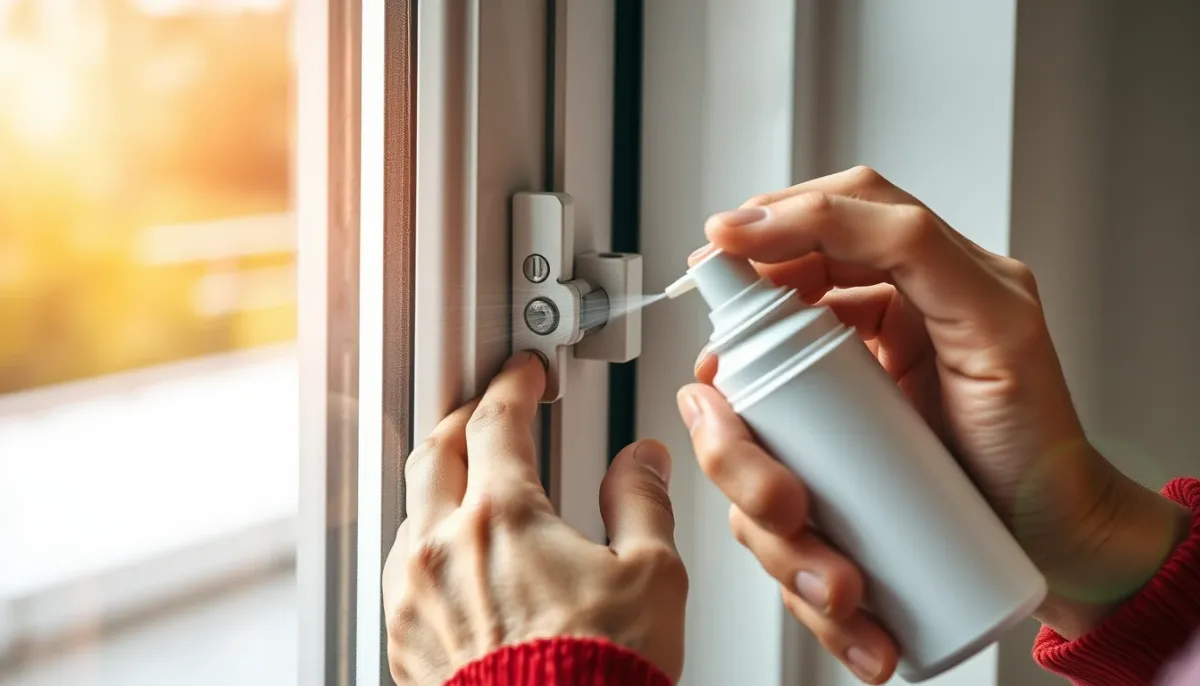 Lubrification d'une paumelle de fenêtre PVC avec un spray, geste d'entretien