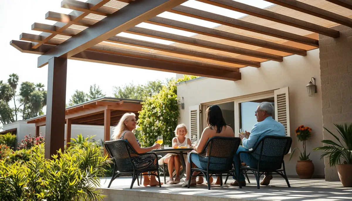 Famille profitant d'une terrasse ombragée sous une pergola bioclimatique