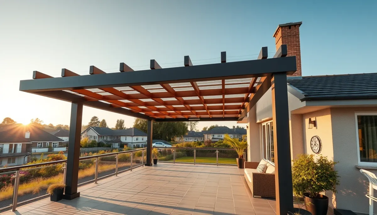 Pergola bioclimatique intégrée à une terrasse de maison individuelle