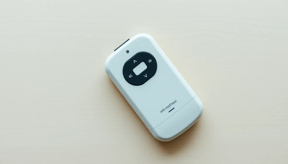 Télécommande Somfy posée sur une table en bois, bouton PROG visible au dos