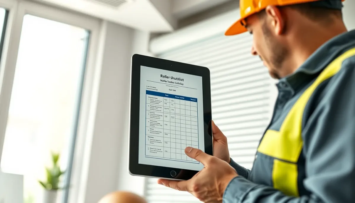 Technicien avec tablette devant un volet roulant, illustrant le coût d'une intervention professionnelle