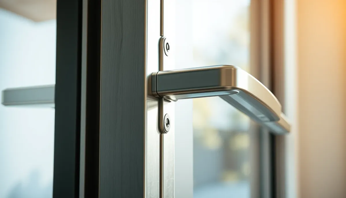 Gros plan sur la poignée et le cadre en aluminium d'une porte-fenêtre