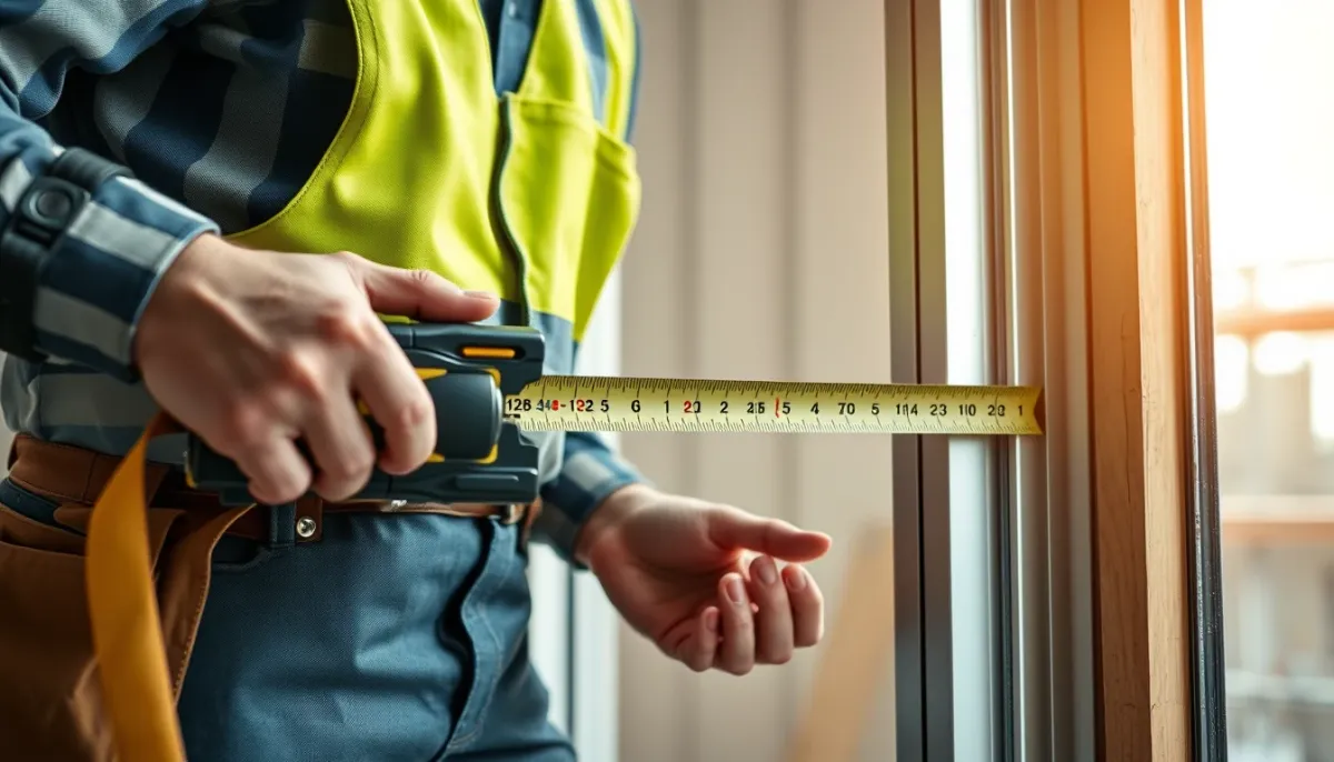 Artisan mesurant une porte-fenêtre en aluminium sur un chantier