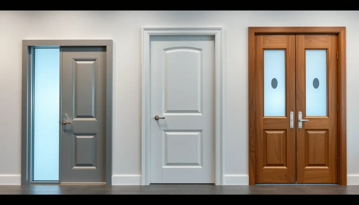 Comparatif de trois portes-fenêtres en aluminium, PVC et bois en showroom