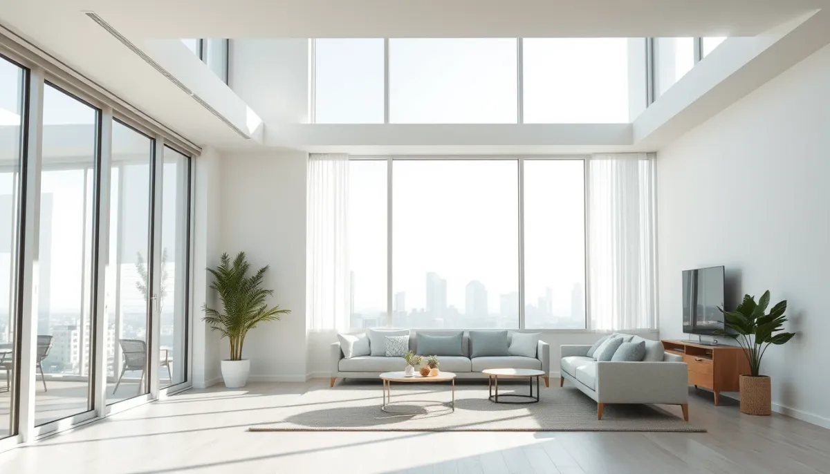 Salon lumineux avec grande fenêtre en aluminium offrant une vue dégagée