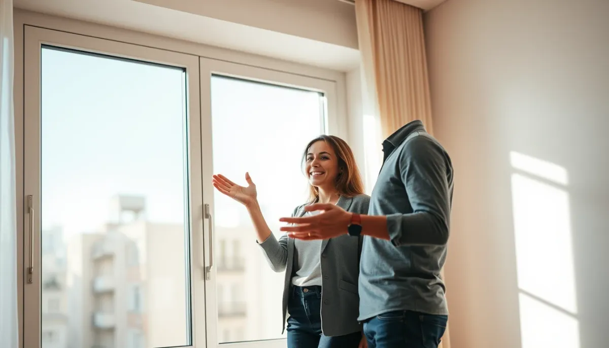 Couple dans un appartement moderne appréciant sa fenêtre en aluminium