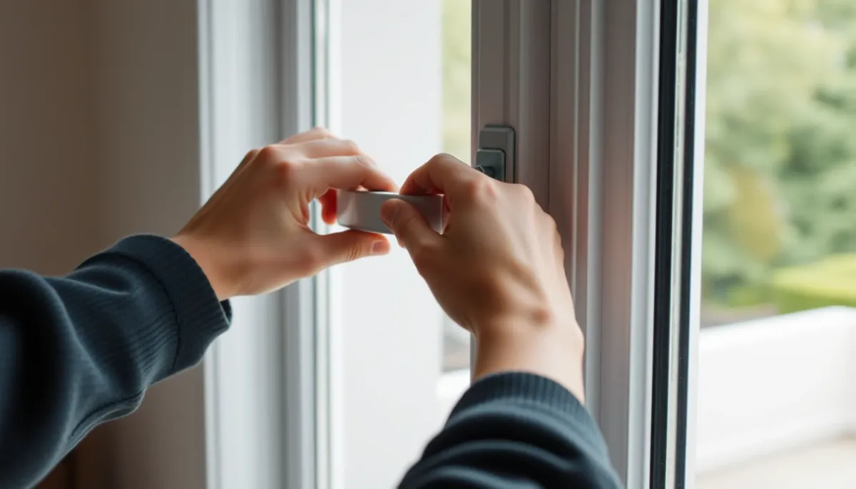 Personne manipulant la poignée d'une fenêtre PVC posée sur dormant existant