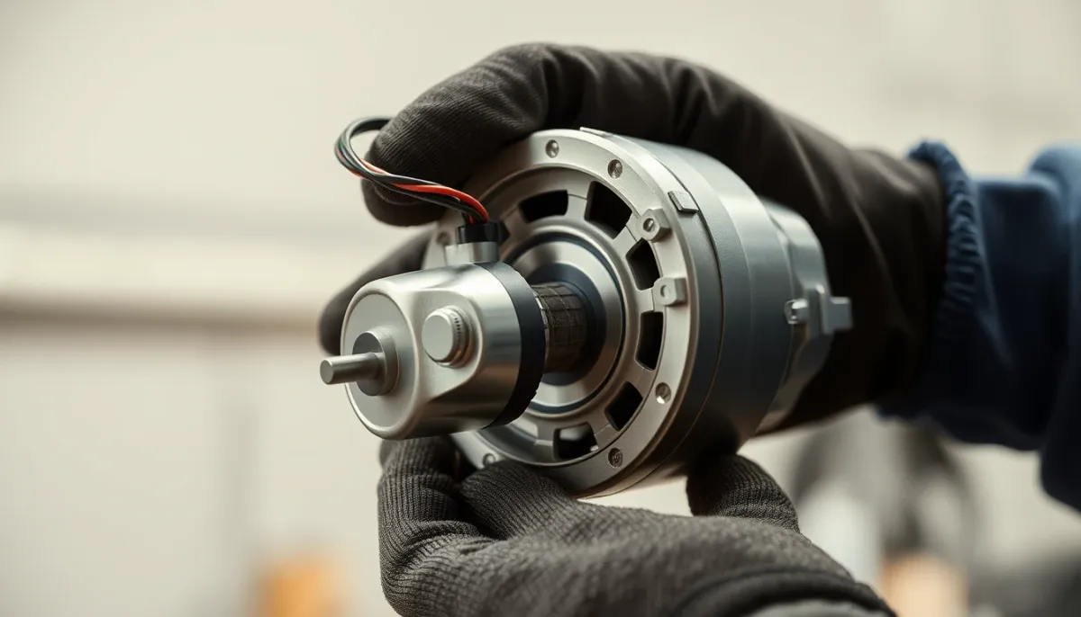 Gros plan sur un moteur tubulaire de store banne tenu par un technicien