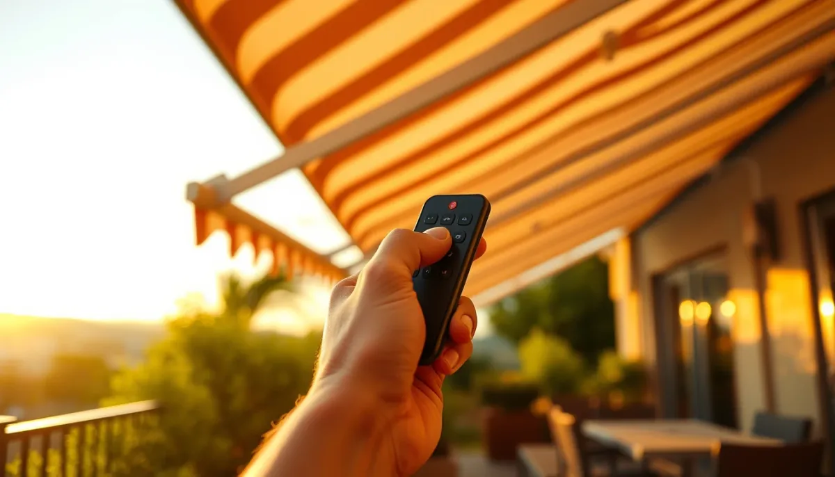 Main utilisant une télécommande pour manœuvrer un store banne motorisé