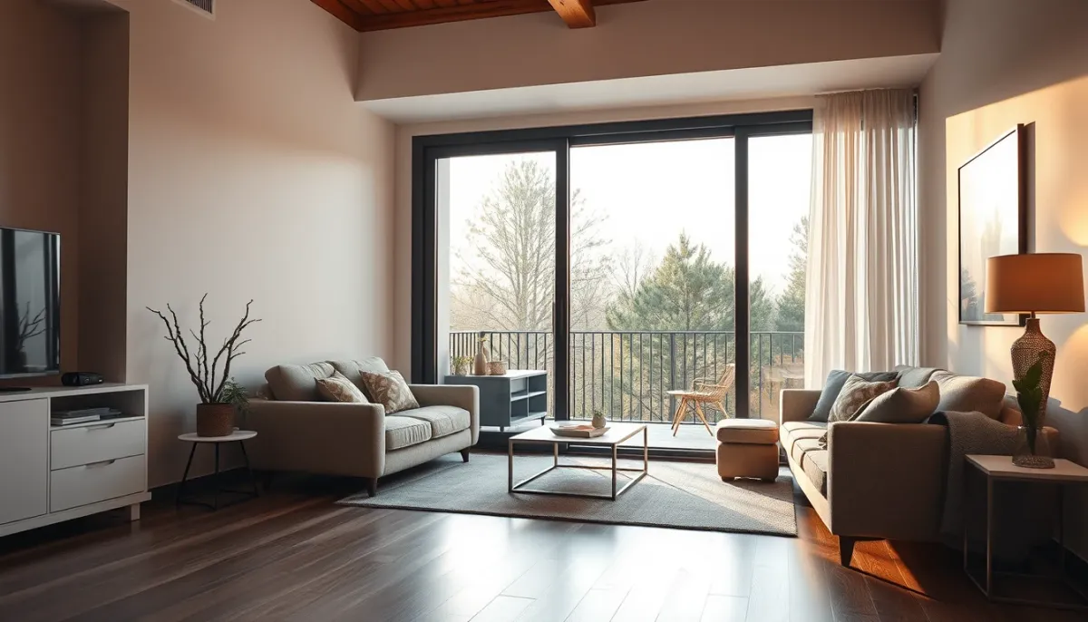 Salon moderne avec une grande baie coulissante en aluminium ouverte sur un balcon