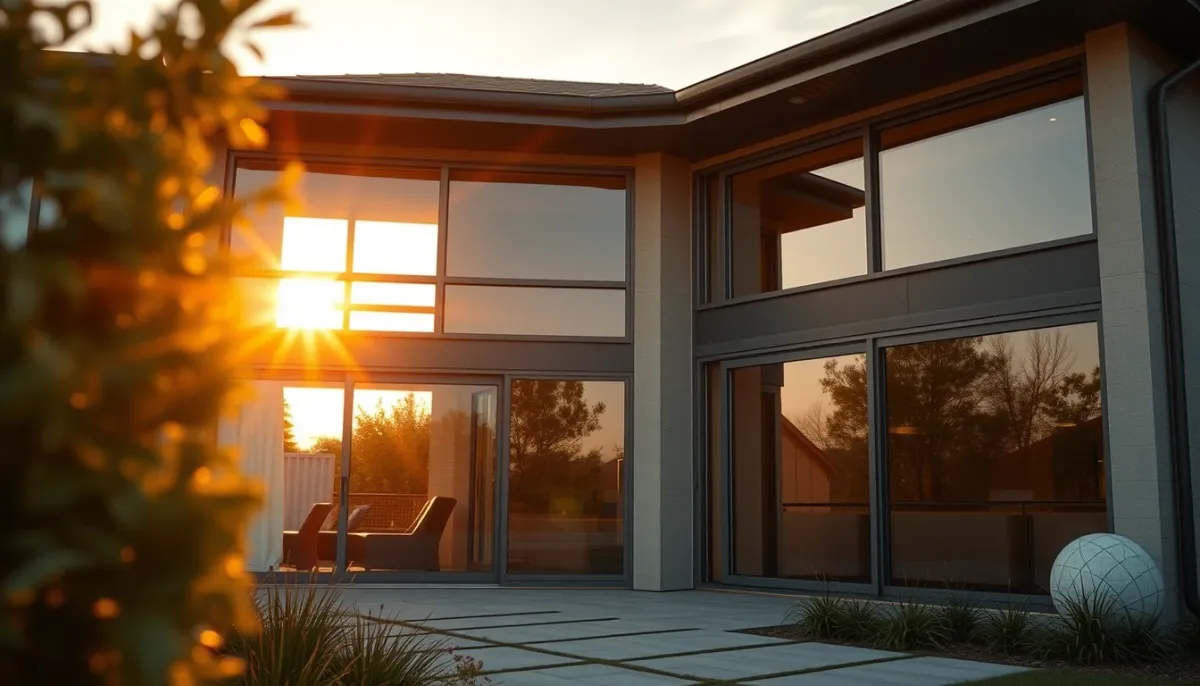 Façade d'une maison moderne avec des fenêtres coulissantes en aluminium