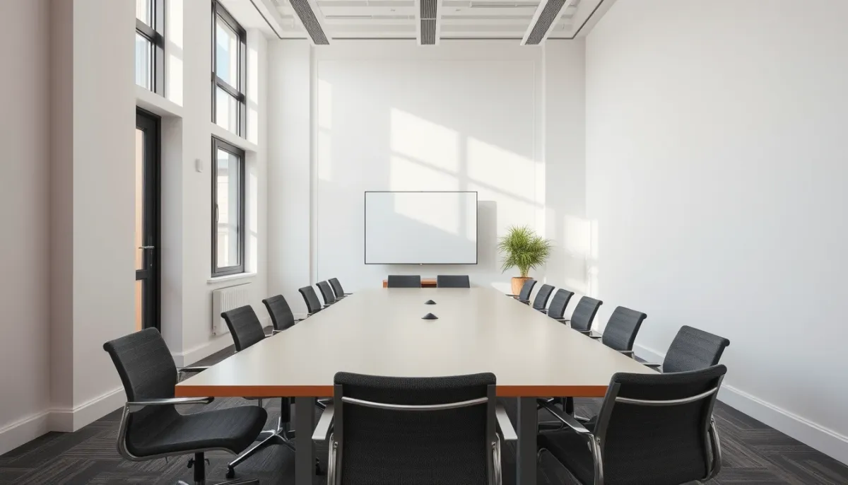 Salle de réunion de copropriété avec table et chaises, évoquant l'assemblée générale pour autoriser un store banne