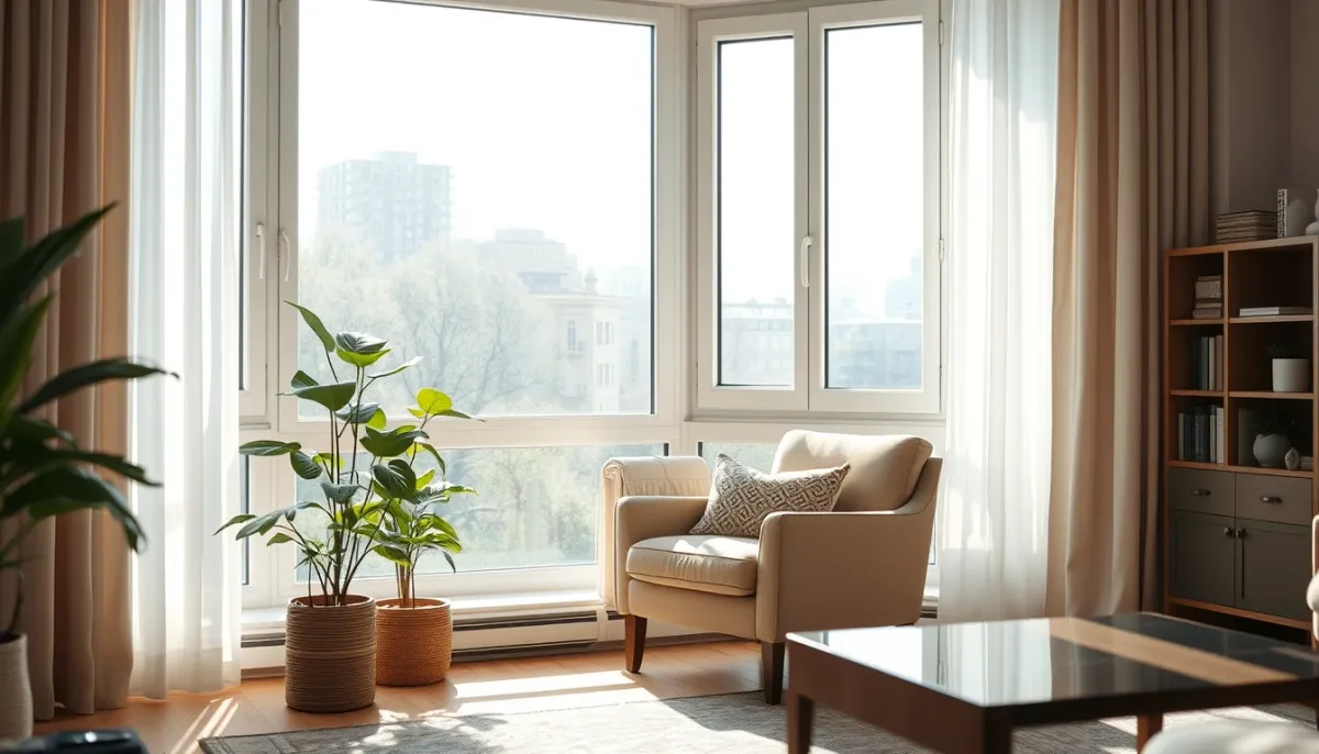 Salon d'appartement lumineux avec grande fenêtre, illustrant le confort apporté par un vitrage performant
