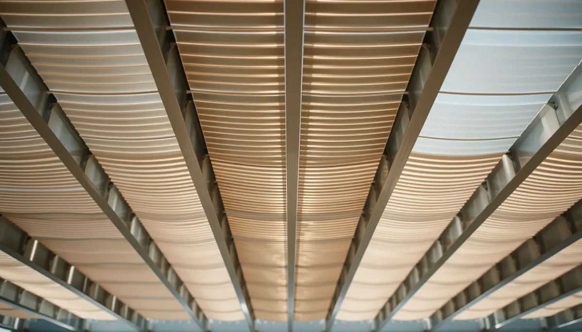 Gros plan sur les lames orientables d'une pergola bioclimatique en aluminium