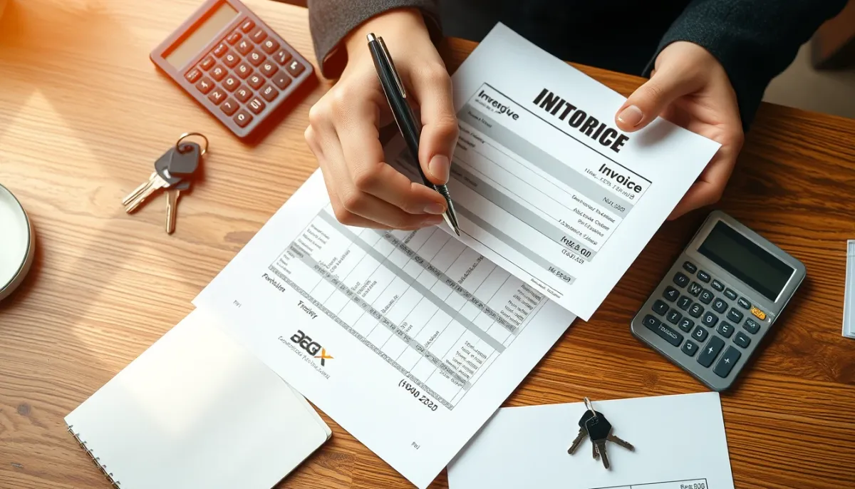 Mains tenant une facture détaillée et un stylo au-dessus d'un bureau