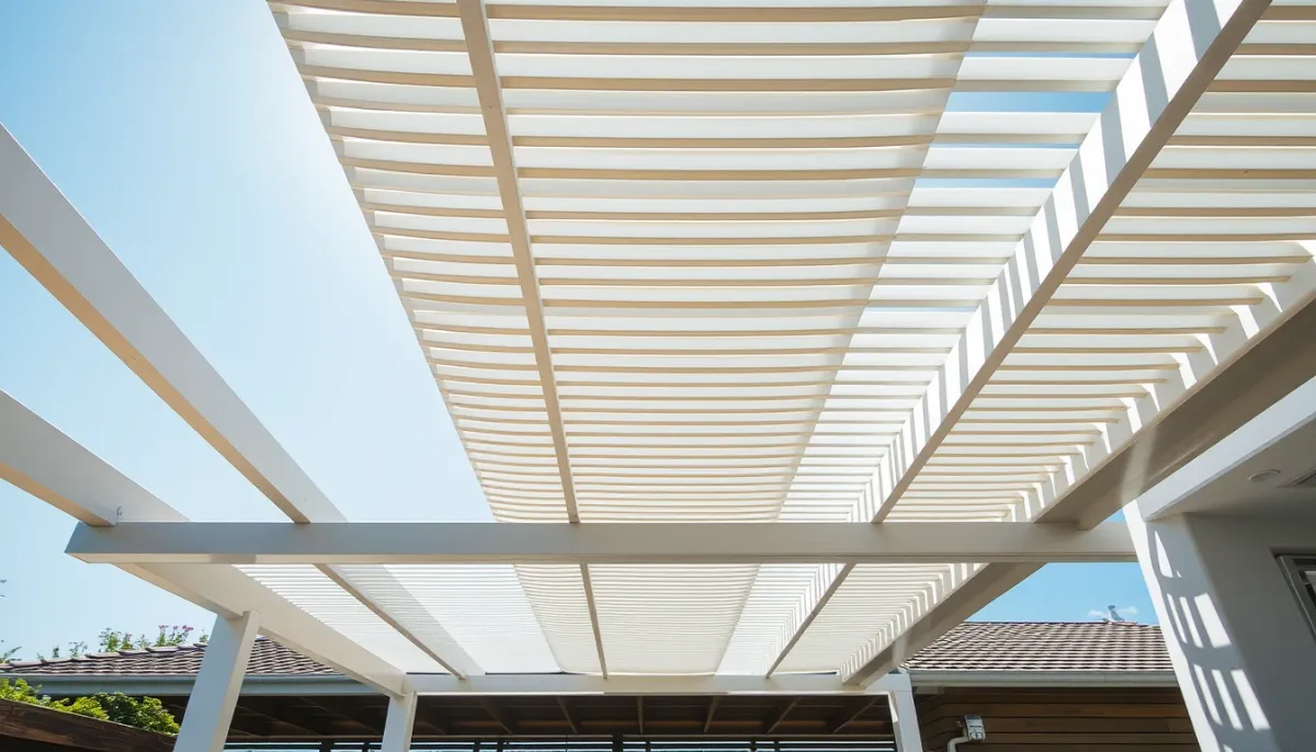 Vue en contre-plongée des lames orientables d'une pergola bioclimatique avec jeu d'ombres