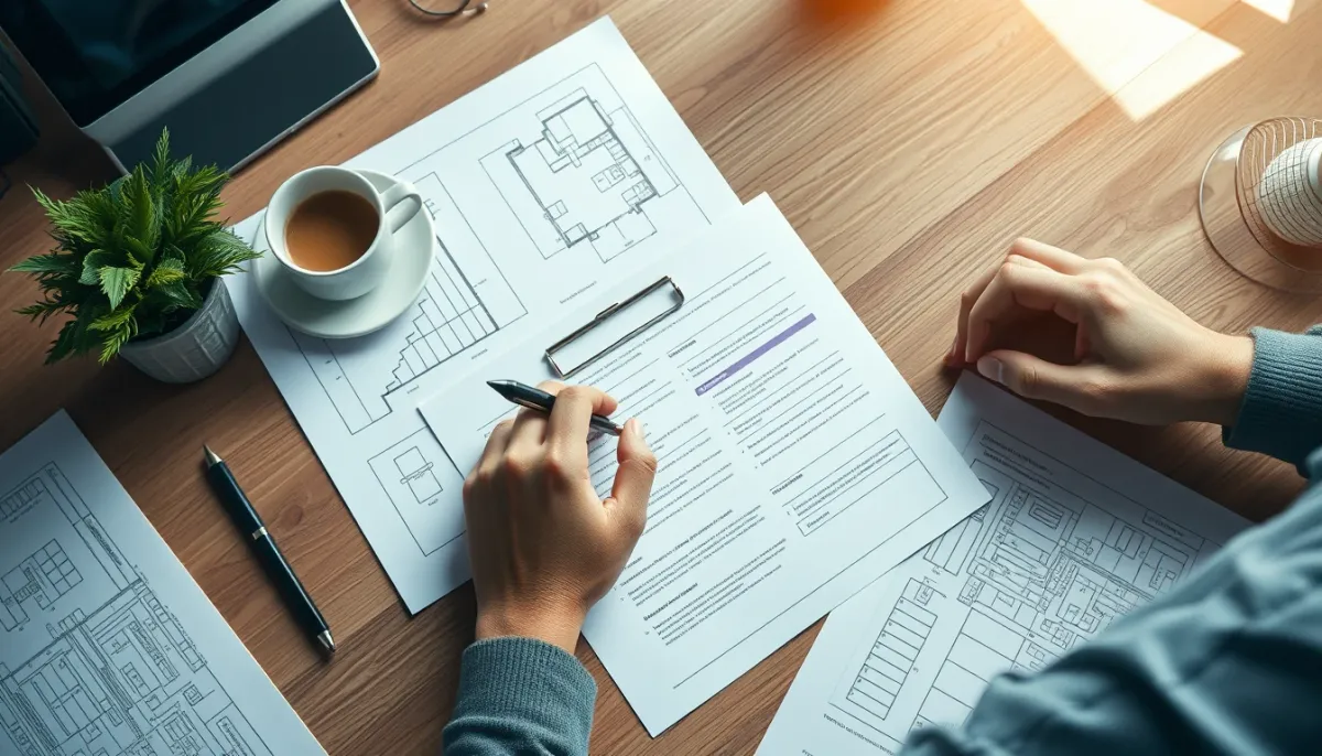 Mains remplissant un formulaire de déclaration préalable avec des plans architecturaux sur un bureau