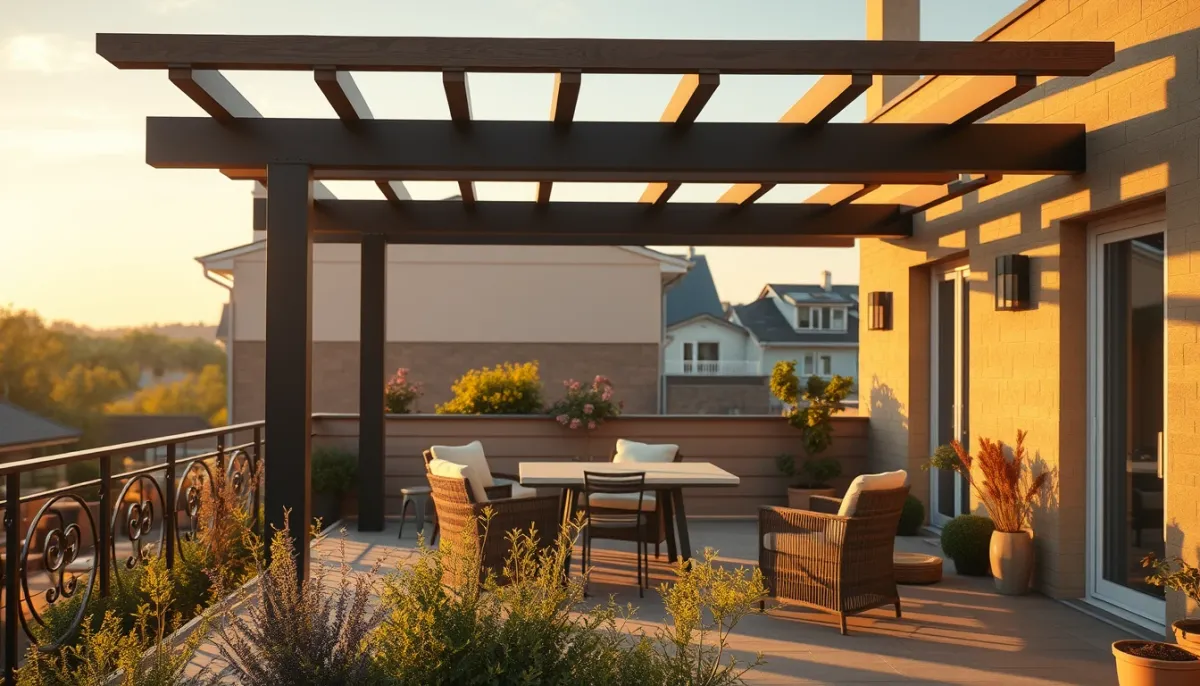 Petite pergola bioclimatique sur une terrasse avec mobilier de jardin, éclairée par la lumière dorée du soir