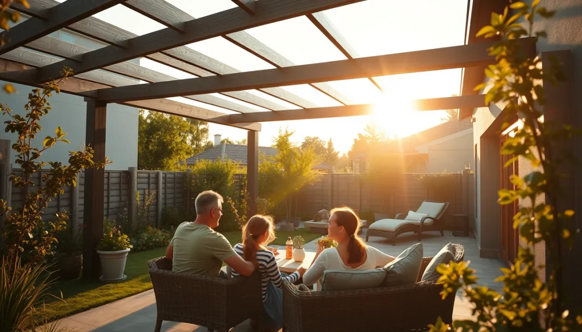 Famille profitant d'une terrasse ombragée sous une pergola bioclimatique dans les Hauts-de-Seine
