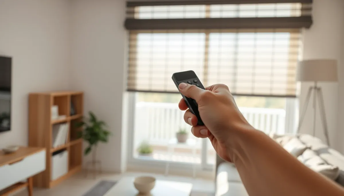 Main tenant une télécommande pour motoriser un volet roulant dans un salon lumineux