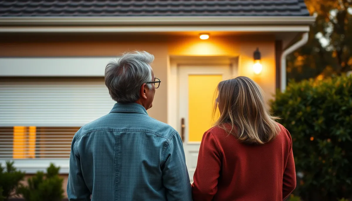 Couple devant sa maison avec volets roulants neufs, satisfait de la rénovation